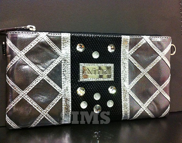 Wristlet Bag: Silver,Black, Grey, Leather, Bling pouch with Rhinestones, hand stitched clutch