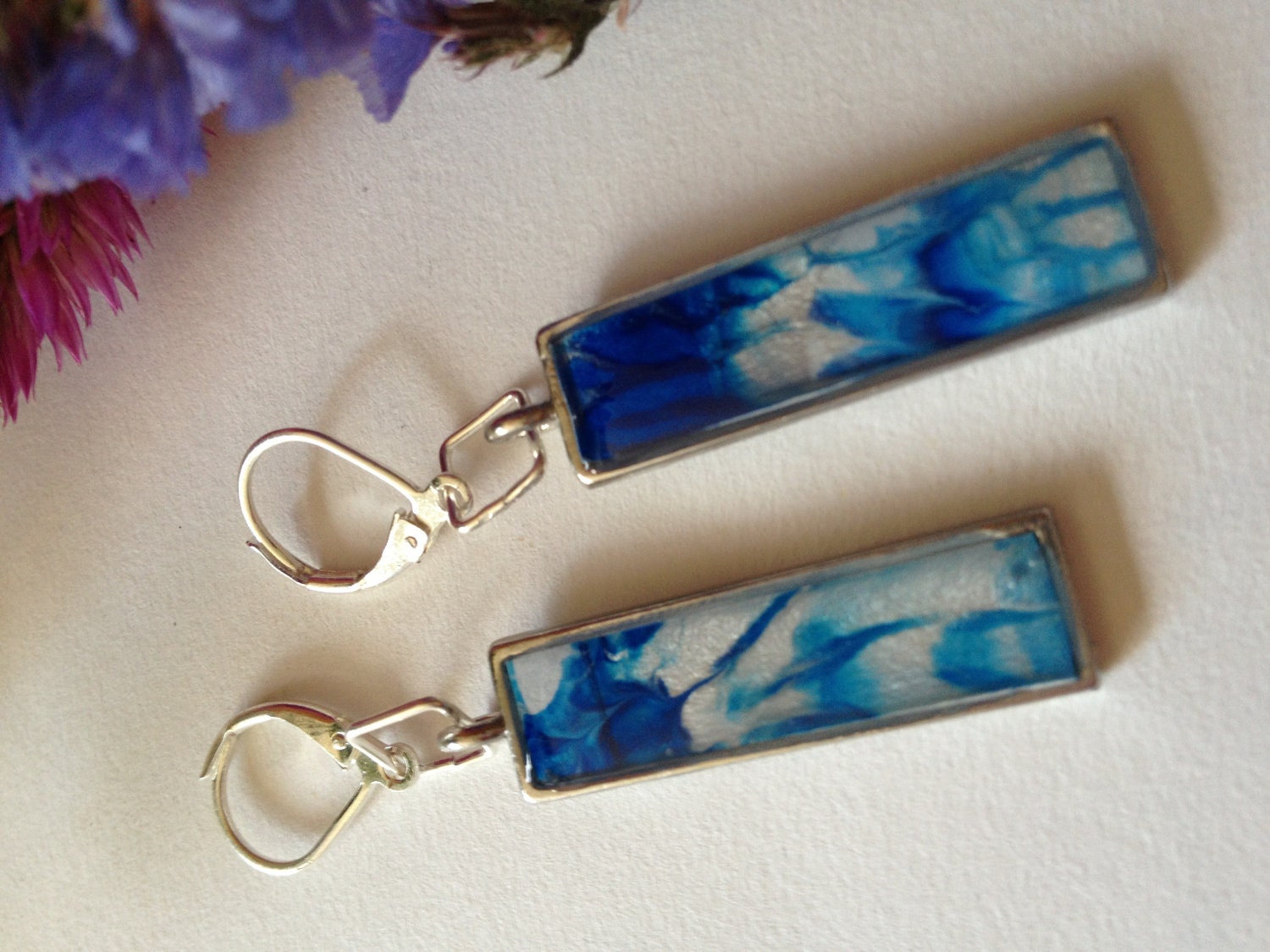 Original acrylic flow art earings, resin earings, art jewelry, beautiful blue - FreebirdArtistry
