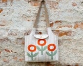 Applique Natural Cotton Bag - Canvas Tote with Orange Flowers -  Cotton Tote with Pocket and Lining - Bag on Button - READY TO SHIP