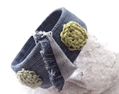 Hippie Denim Bangle Bracelet Recycled Plastic Jeans Bracelet Crochet jewelry French. Handmade.