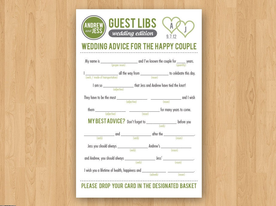 Gray & Green DIY Printable Wedding Mad Libs Guestbook