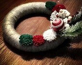 12 inch Christmas themed hand wrapped yarn wreath