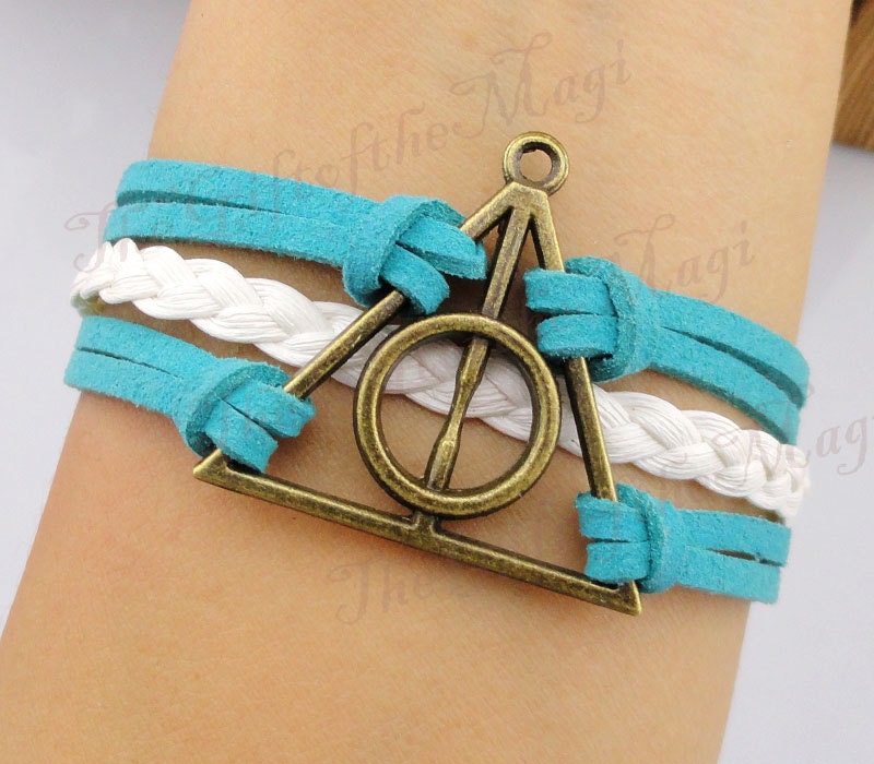 Deathly Hallows Charm Bracelet,Harry potter bracelet--AntiqueBronzeBracelet-Imitation Leather-Personalized Bacelet,Friendship gift