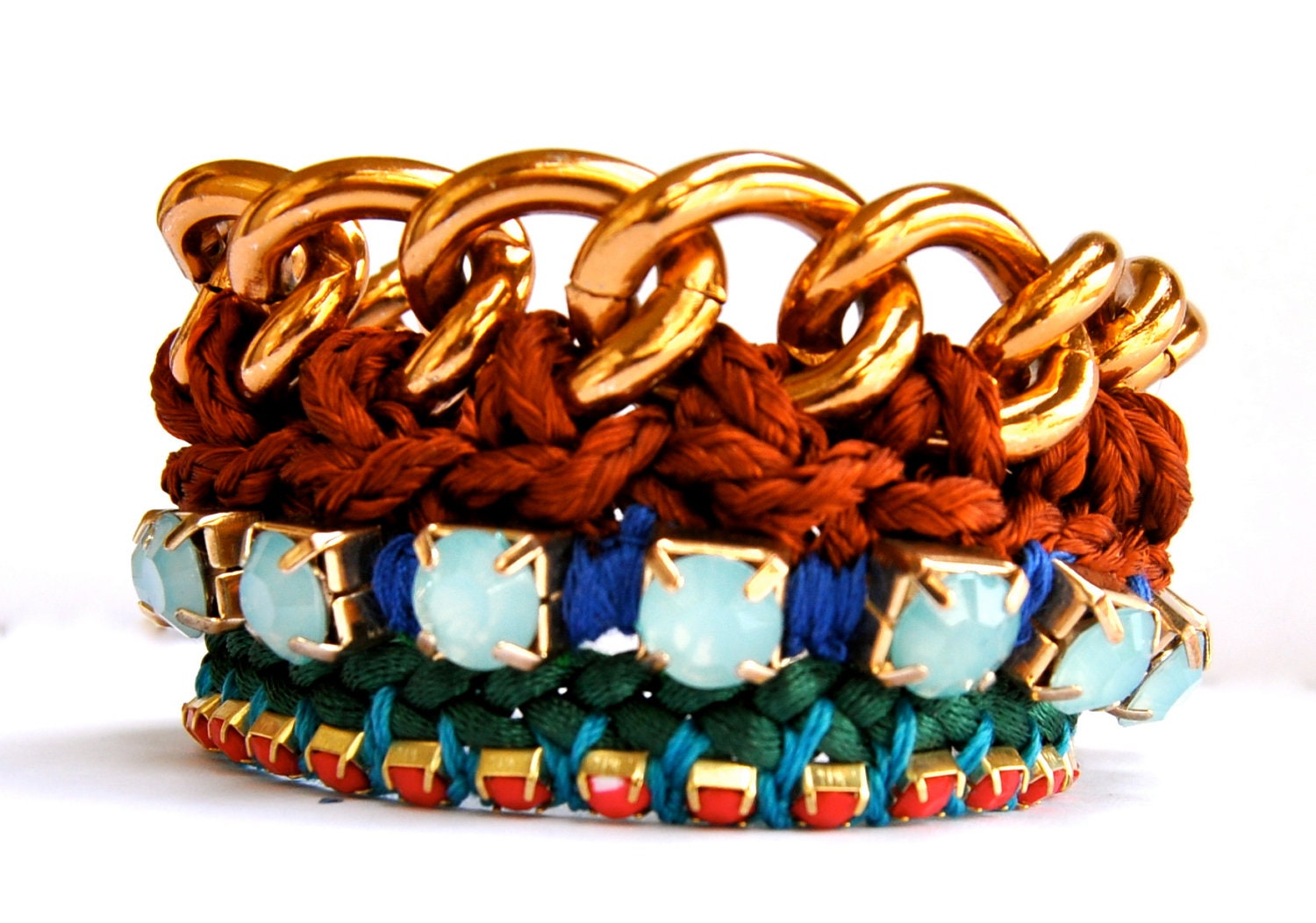 Friendship maxi bracelet- Boho style made with brown, blue , turquoise and green cotton and azure blue and red stone.