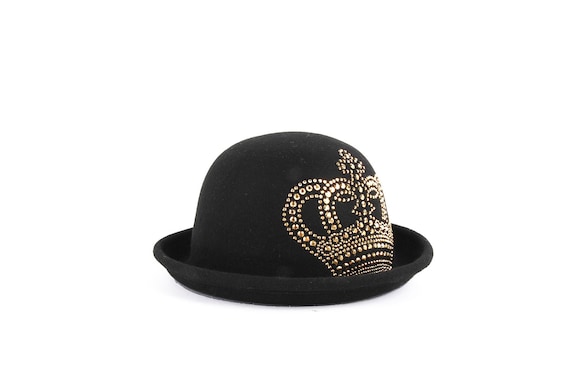 Gold studded a crown bowler  / black derby / charlie chaplin hat /  cloche bucket  / crushable / church hat / black color for unisex