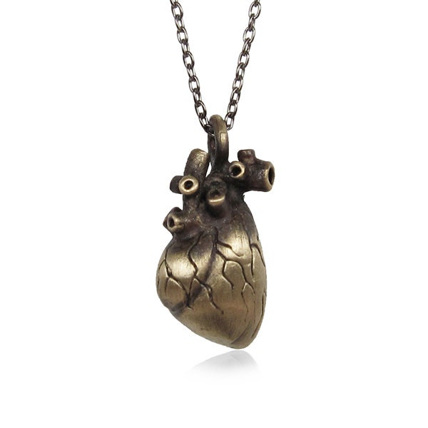 Anatomical Heart Necklace, Anatomical Heart - 32" Chain,Valentines Day, Punk, Pendant Necklace with Gunmetal Finished Oval Round Cable
