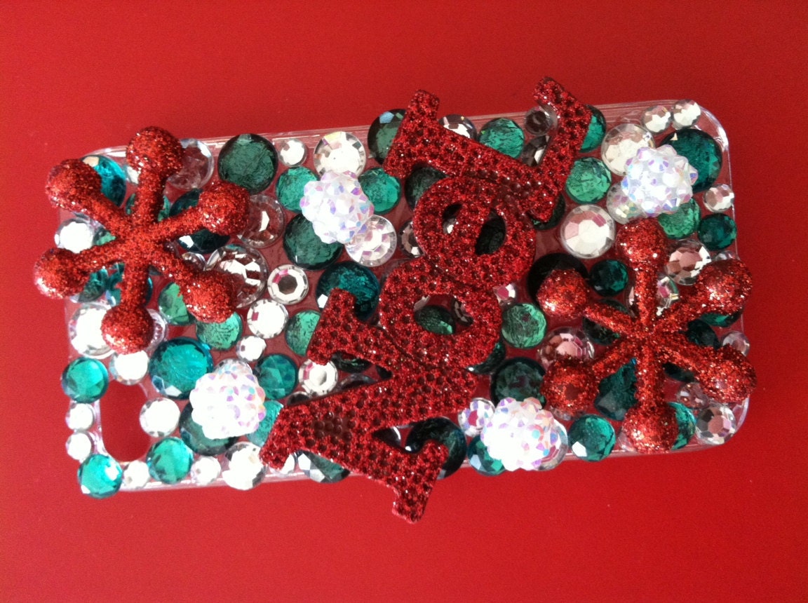 Custom Iphone 4/4s Fun Sparkly Noel with Green and White Rhinestones Bling Cell Phone Case  FREE SHIPPING