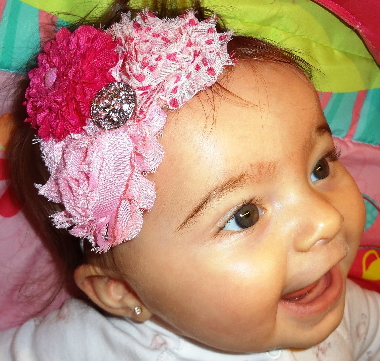 Shades of pink shabby chic cluster flowers elastic headband with bling bling.