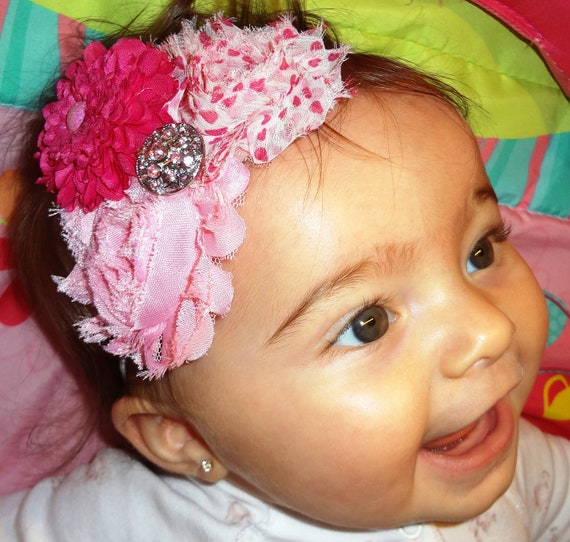 Shades of pink shabby chic cluster flowers elastic headband with bling bling.