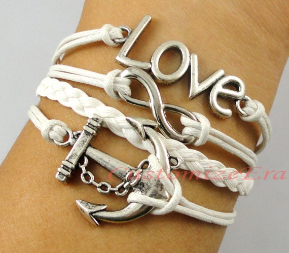 Anchor bracelet, love bracelet, Infinity Bracelet--Antique silver Bracelet--Wax Cords and Imitation Leather Bracelet