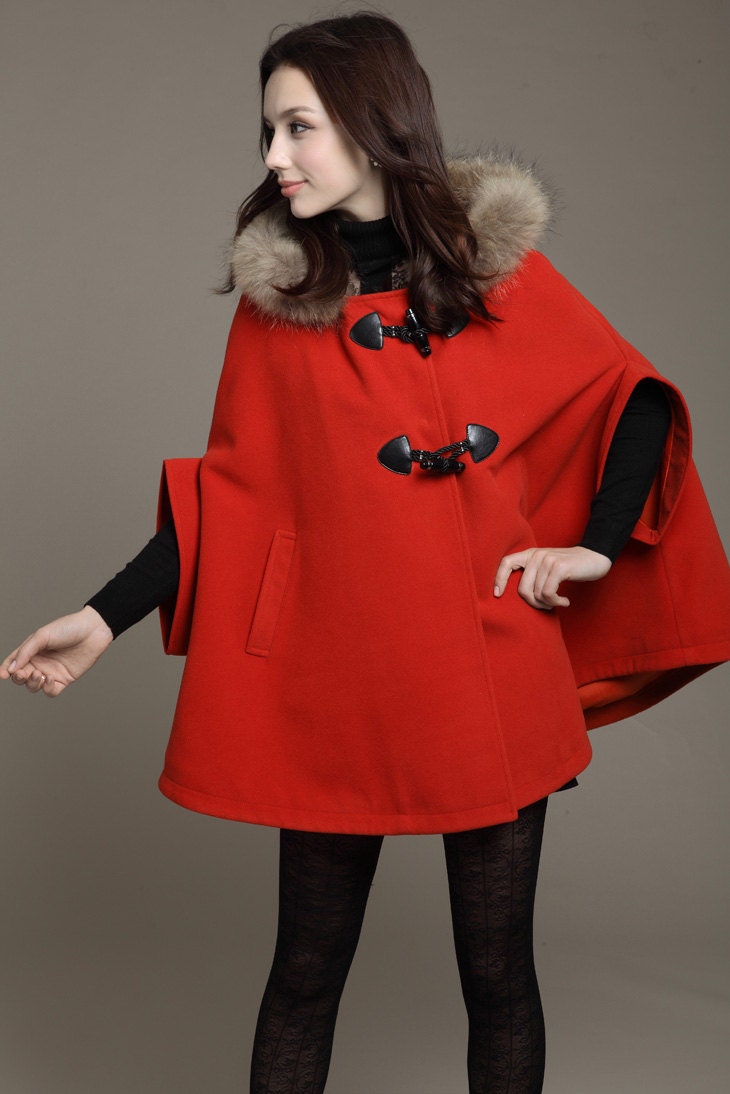 Red  Hoodie Cashmere Coat Double Breasted Hooded Wool Winter Cape Coat Wool Winter Jacket for Women