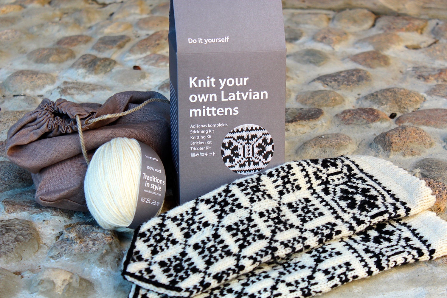Latvian Mitten DIY Knitting Kit Black and White