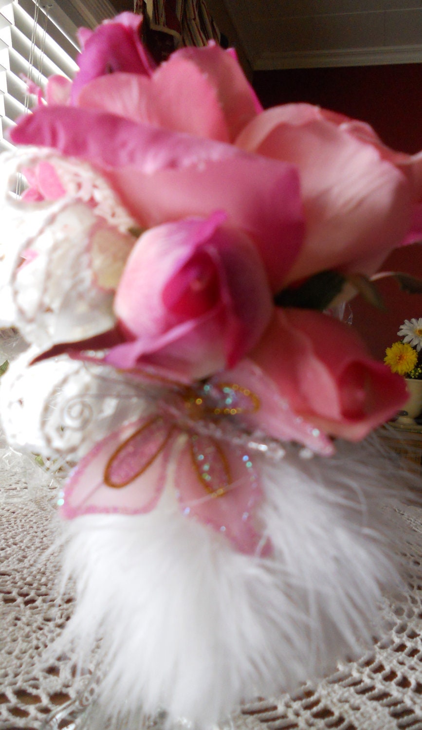 Wrist Corsage Wristlet Pink and White with Feathers
