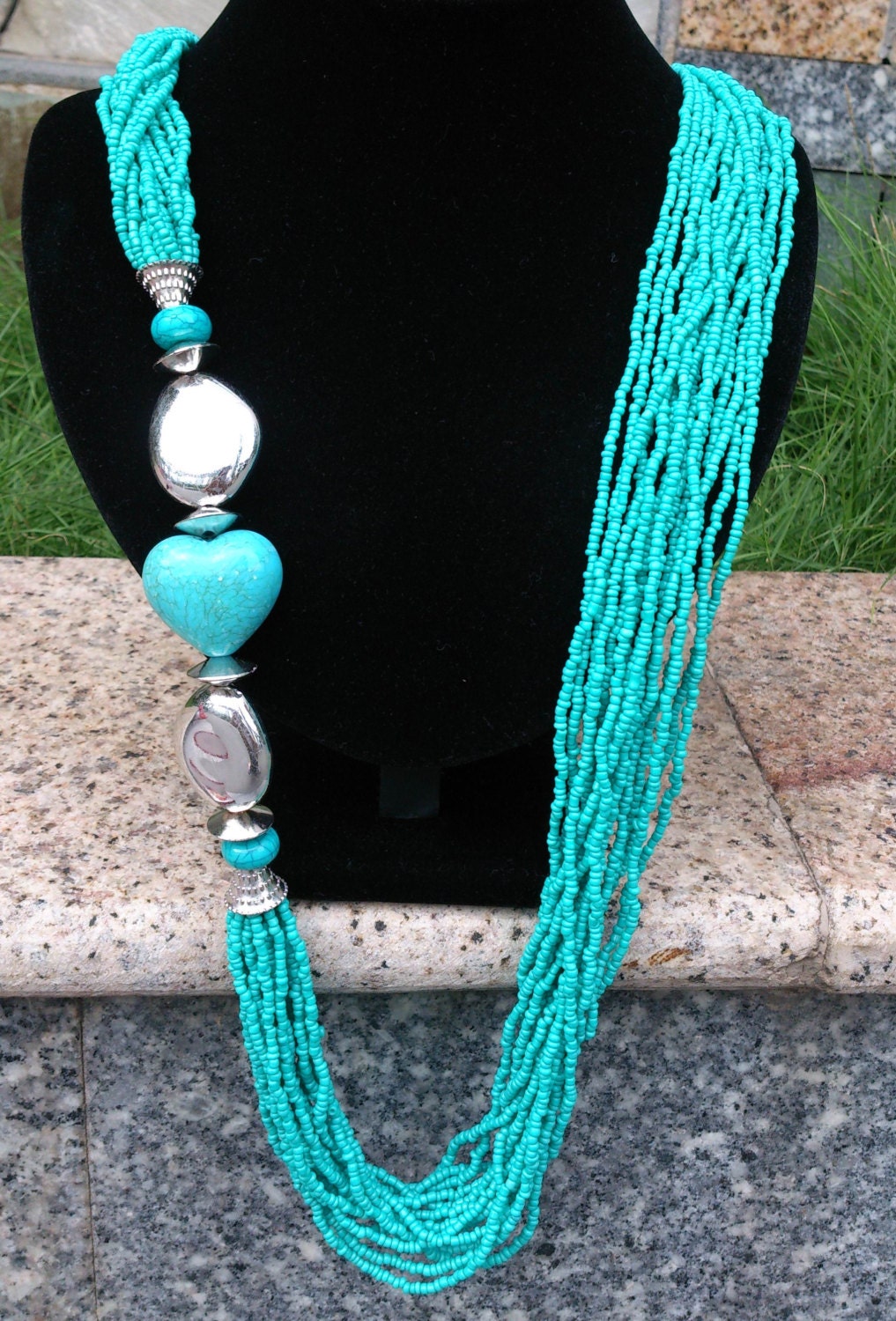 Turquoise Multi Strand Beadwork Long Necklace,Turquoise Heart Stone Beaded Statement Necklace, Cool Summer Necklace