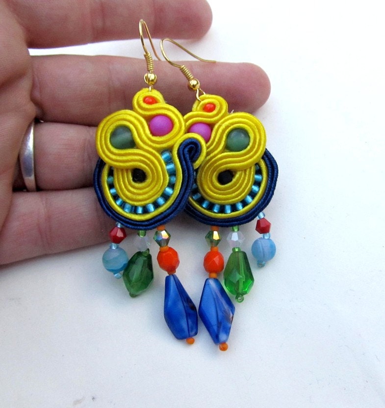 Colorful Soutache Earrings with Beads Soutache Braid Glamour and Shiny Style Gift Toho Handmade Jewelry Colorful