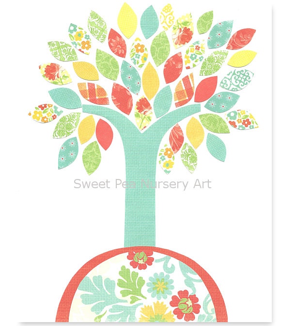 Nursery Tree Art, Aqua, Coral, Green, Yellow, Turquoise, Girl nursery art,  8 x 10 Print, Cute Nursery Art, Tree, Bird