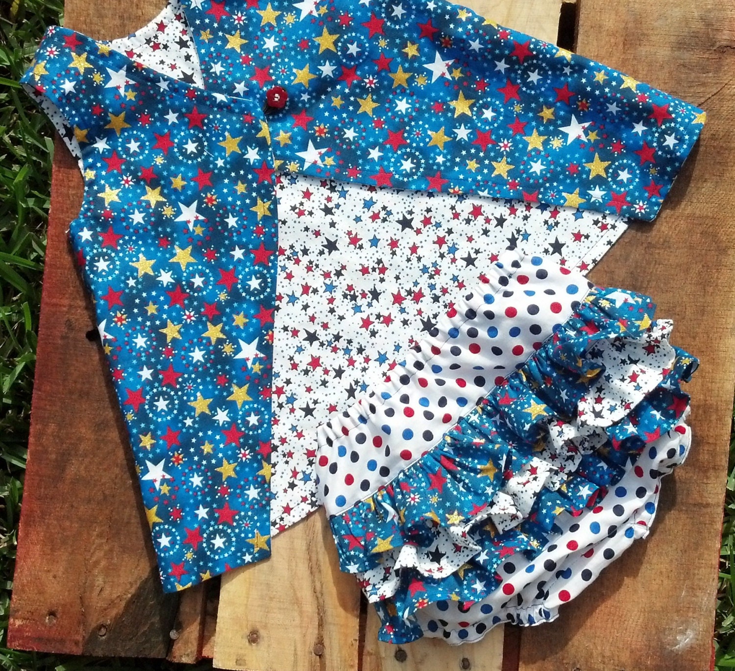 Patriotic Themed Reversible Open Back Pinafore with Matching Ruffle Bottom Diaper Cover - 2 Piece Set