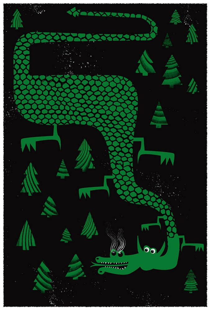 Screenprint - Dragon's Forest Silkscreen Art Print Limited Edition Mythical Green Dragon Art Poster