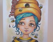 Girl drawing, Bee Hive art, ORIGINAL drawing, face illustration, children illustration, hand drawn, small format art, blank note card