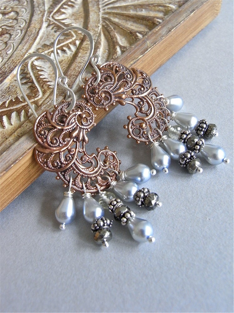 Earrings - sterling silver, brass, scapolite, pyrite, vintage Czech pearls - Filigrene