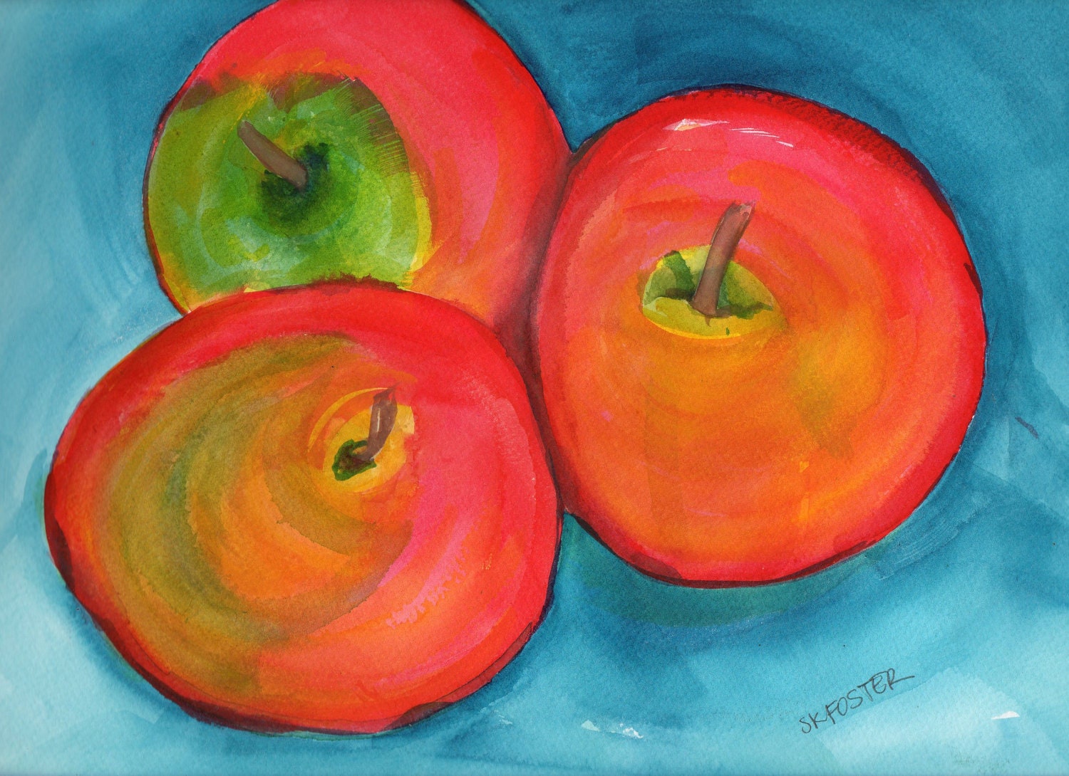 Fresh Modern Red Apples Original  Watercolor 3 Apples Still Life original painting
