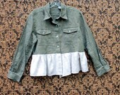 REVIVAL Upcycled Women's Shirt,Top, Blouse, Olive Green Linen, Small to Medium, Peplum, Repurposed, Recycled, Eco Friendly Clothing