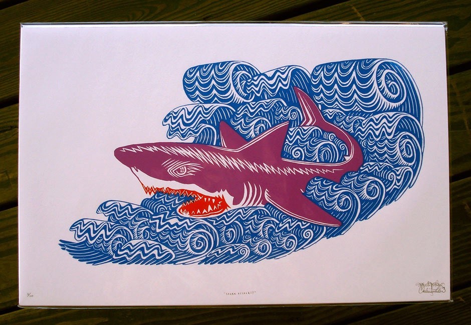 SHARK ATTACK Woodcut Print Woodblock Print
