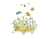 Hedgehog Garden - Art Print butterflies flowers cute kids room baby nursery child gift ideas colorful watercolor painting Oladesign 8x10