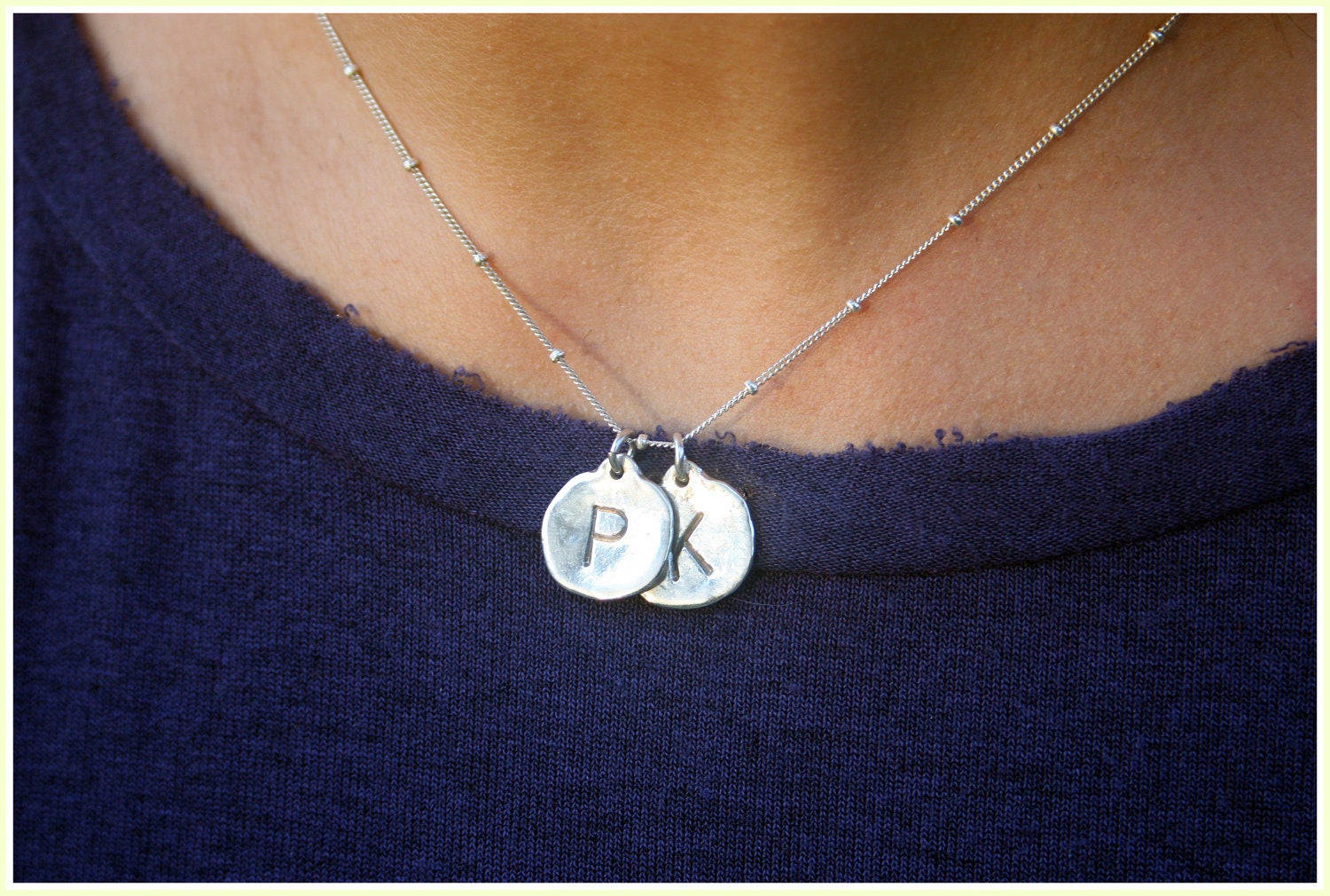 Custom Personalized Hand Stamped Sterling Silver Initial Necklace with handmade organic looking initial charms, monogram,mommy,mother