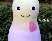 Handmade Bug, Stuffed Animal Plush Doll Art Toy, Hug Me Bug, Personalized Hang Tag, Rainbow Blend, Yellow, Pink Fleece, 12 inch, Ready-made