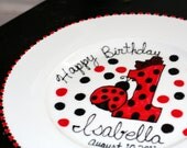 Lovely Ladybug Happy 1st 2nd 3rd 4th Birthday Personalized Hand Painted 10.5 inch dinner sized Porcelain Plate Black & Red Polka Dots