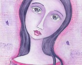Mixed Media Art, Folk Art, Purple, Watercolor Art Print, Wall Art, Girl - She Was At Peace with Her Decision