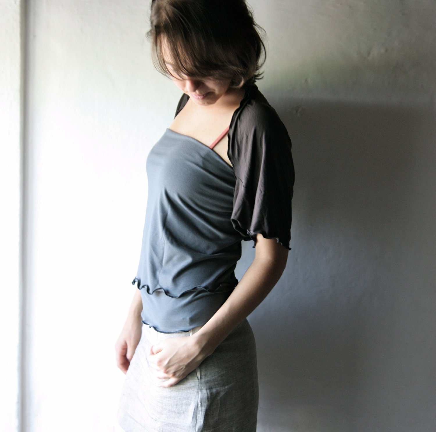 Cropped Shrug  bolero - jersey draped tshirt - short sleeved womens layering top