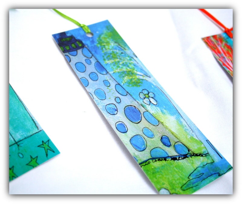 Whimsical Lighthouse bookmark in teal, navy blue, white, and lime green  by Jodi Ohl