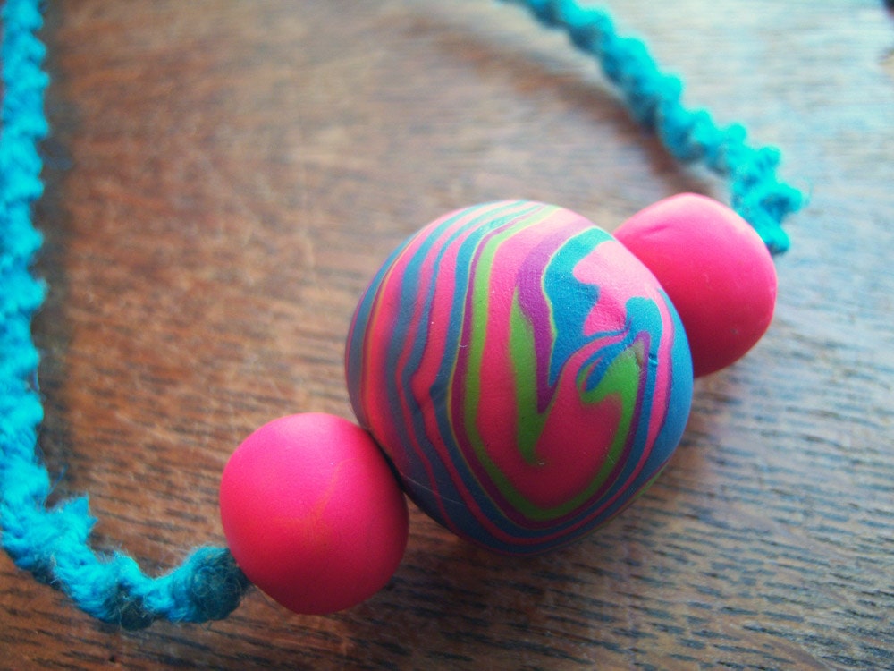 Neon Polymer Clay Beads on Blue Hemp Choker