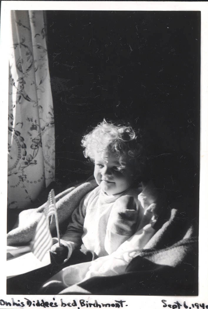 vintage photo  Baby Boy Golden Ringlets 4th of July w American Flag 1940