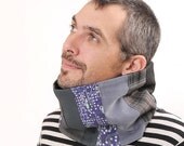Mens cowl scarf, electronic print, geek patchwork scarf, grey blue black