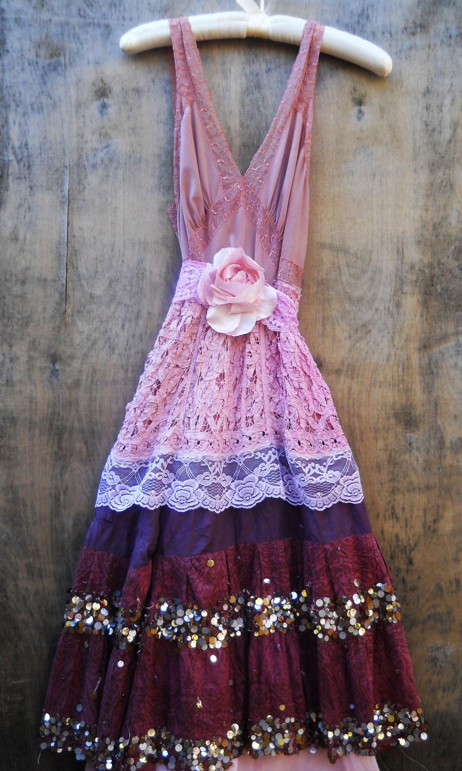 Sequin gypsy dress crochet cotton  lace fairytale rose boho  vintage  romantic medium by vintage opulence on Etsy