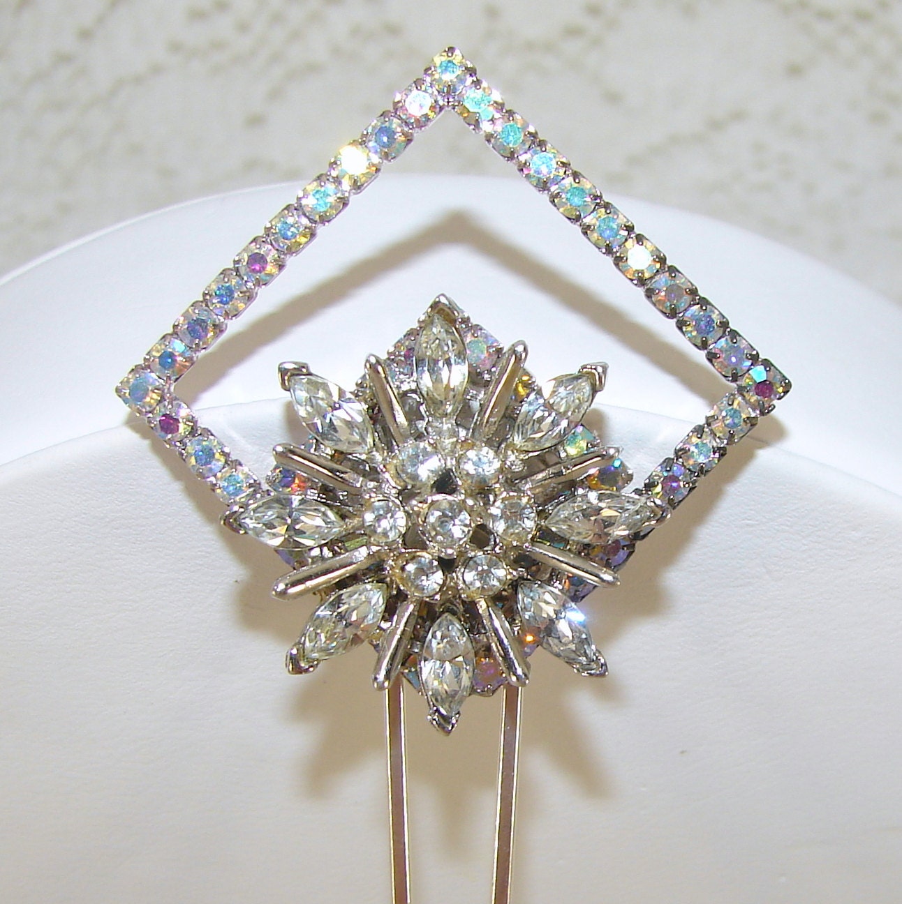 Rhinestone Hair Comb Flower Square Aurora Borealis Wedding Formal Jewelry Accessory