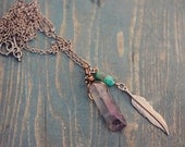 Quartz and Turquoise Feather Necklace