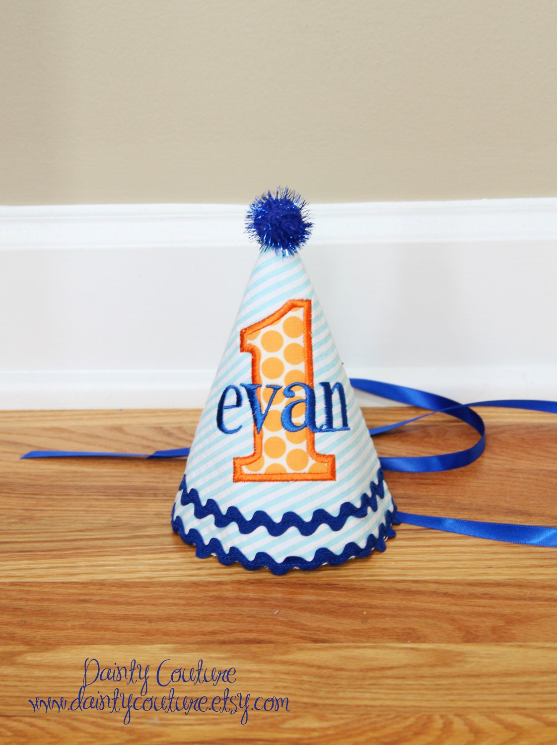 Boys First Birthday Party Hat - Aqua and white stripes with orange dots and royal blue accents - Free personalization