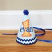 Boys First Birthday Party Hat - Aqua and white stripes with orange dots and royal blue accents - Free personalization