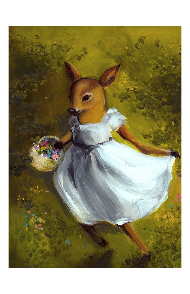 children's room, decor, Deer in Forest- "Dolly" - Green, lush, whimsical large print