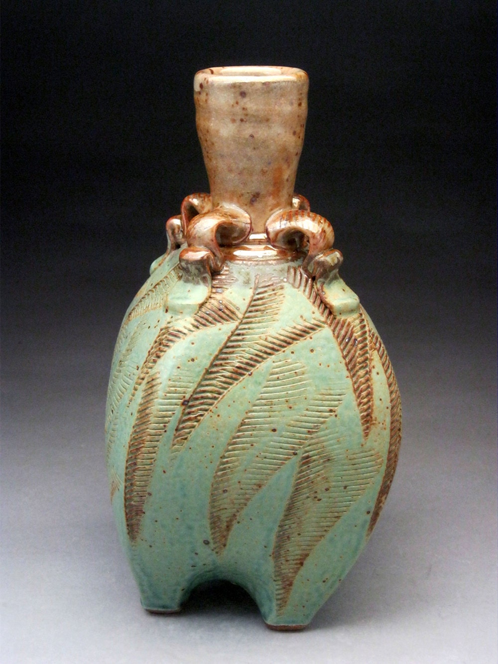 Footed Stoneware Vase- Turquoise and Shino glaze