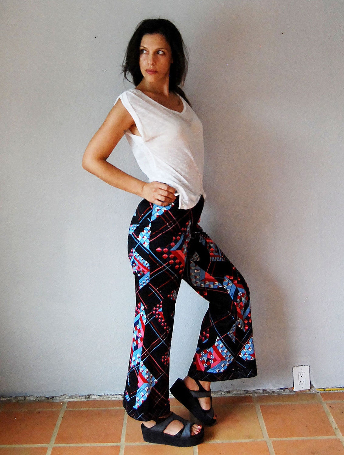 SALE vintage GEOMETRIC pants / 1960s print FLARE leg pants