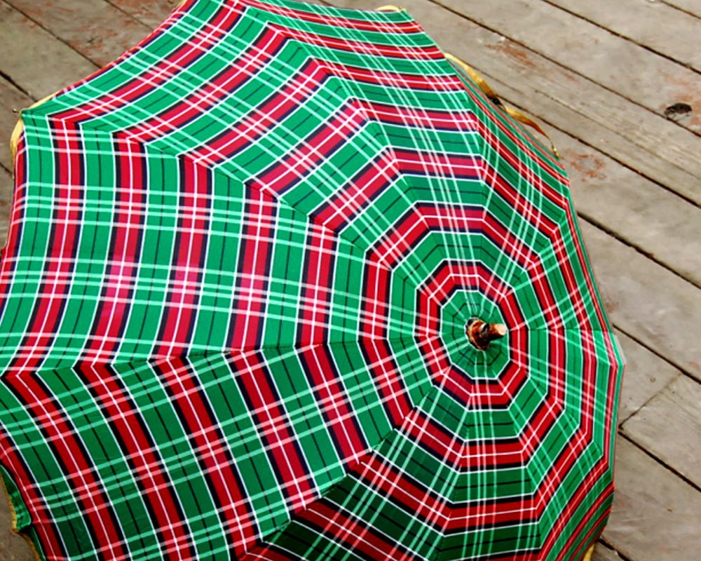 Vintage Umbrella Plaid Red and Green with Lucite Handle
