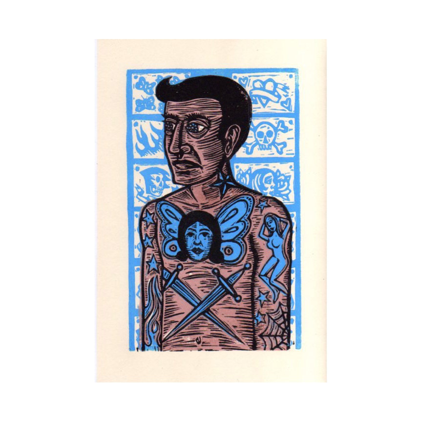 Tattoo Man Linocut Art Print