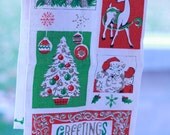 Vintage Santa Christmas Tea Towel - 50s 60s Mod Holiday Linen Towel - Deer Santa Tree Greetings