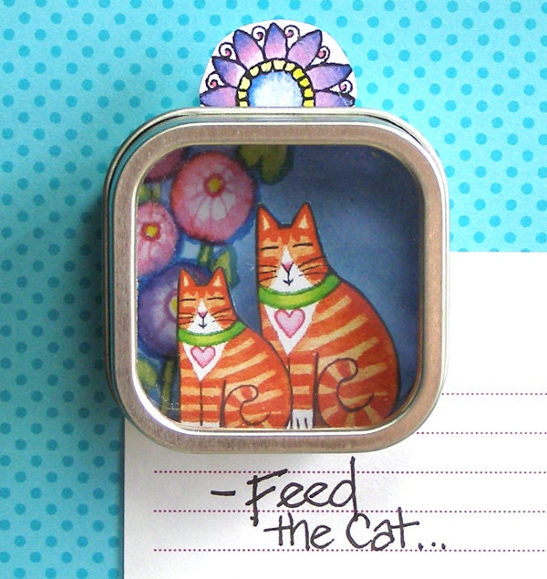 SALE... Orange Tuxedo Tabby Cat and Kitten Shadow Box Refrigerator Magnet