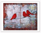 Wall Decor, Ruby, Red, Birds Print, 8X10 Art, Birds on a Wire, Garnet